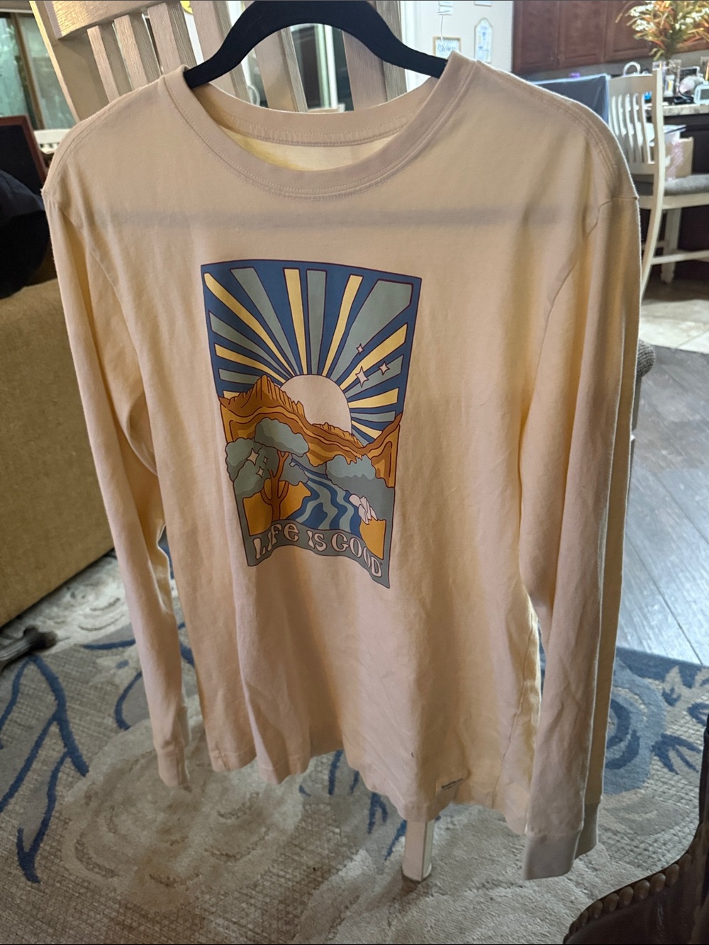 Life Is Good Kids Long Sleeve Tee in Cream with Multi-Color Sunrise Graphic